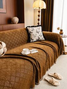 1pc Ultra Soft Chenille Solid Color Diamond Lattice Sofa Blanket - Suitable For All Seasons, Easy To Clean And Non-Shrink, Perfect Gift For Friends And Family, Full Coverage Sofa Cover With Tassel Details - Machine Washable, Cat Scratch Resistant, Fits 1-4 Seater Sofas, Sofa Throw - Coffee Brown - View 2