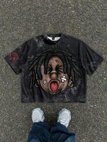 Manfinity Roghcode Men's Oversized Distressed Funny Diamond Teeth Tattoo Big Face Allover Print Cropped Loose T-Shirt (High Quality) - 黑色 - 查看 23