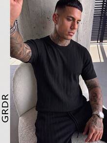 GRDR 男士夏季針織純色短袖襯衫，適合商務聚會，經典純色 - 黑色 - 查看 7