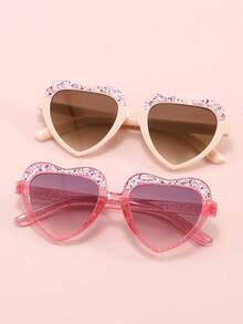 2pcs/Set Kids Glitter Heart-Shaped Frame With Sequin Decor, Lightweight Smooth Round Eyewear For Girls, Photo Party Ball Decoration, Multiple Colors Available - Multicolor - View 2