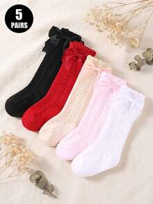 5 Pairs Random Style Back To School Mid-Calf Socks For Baby Girls, Cute Bow & Ruffle Trim Socks, Newborn Baby Girl Essentials, Kindergarten Party Gift - Multicolor - View 2