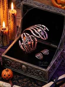 XYHEALER 1 Set Halloween Skeleton Hand Bone Bracelet And Ring Set, Vintage Silver Skeleton Open Cuff Bracelet And Adjustable Wrap Ring, Gothic Punk Style Women's Jewelry Gift - Multicolor - View 6