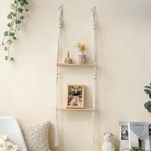 1 pieza Colgante de pared de macramé estilo bohemio, estantería decorativa de 2 niveles para almacenamiento de pared, tapiz decorativo para sala de estar, dormitorio, fondo de pared, estantería de almacenamiento con borlas, decoración de pared de arte de fibra, hecho a mano, tejido de encaje, tabla de madera de doble capa - Sin decoración - Beis - Ver 9