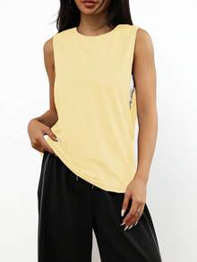 Spring/Summer Loose Comfortable Minimalist Solid Color Casual Running Fitness Sports Sleeveless Pullover Top, 1pc - Light Yellow - View 3