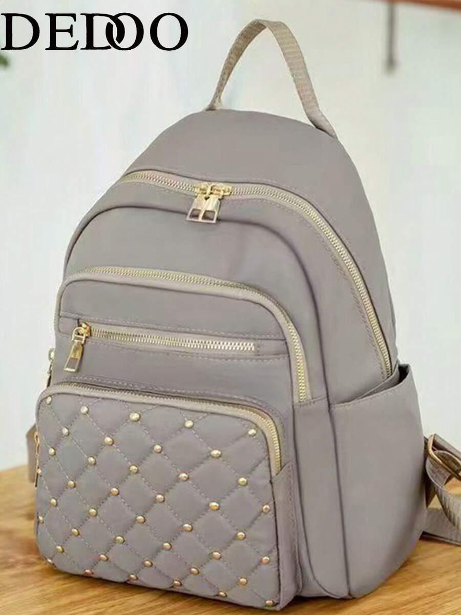 Dedoo Women's Casual Backpack, Solid Color Quilted Diamond Pattern With Rivet Detail, Multiple Pockets, Gold Zipper, Top Handle, Large Capacity, Student School Bag, Suitable For College Campus - Khaki - View 1