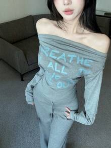 Women's Off-Shoulder Knitted Long Sleeve Top, Regular Fit, High Elastic Grey Ribbed Knit Fabric, Suitable For Autumn Wear - Grey - View 5