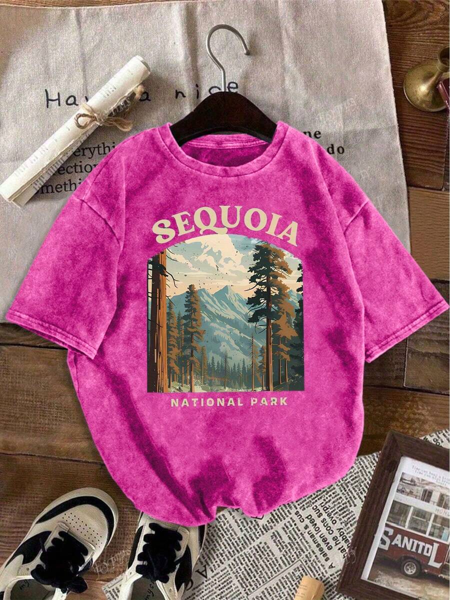 Vintage Washed Cotton Oversized T-Shirt, Sequoia National Park Mountain Redwood Tree Print Unisex Round Neck Short Sleeve Tee - 玫紅色 - 查看 1