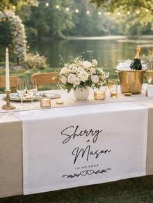 Personalized Wedding Table Runner, Custom White Polyester Linen Fabric Couple Table Runner (Includes Name And Date), Elegant Wedding Reception Decor Sign - Multicolor - View 3
