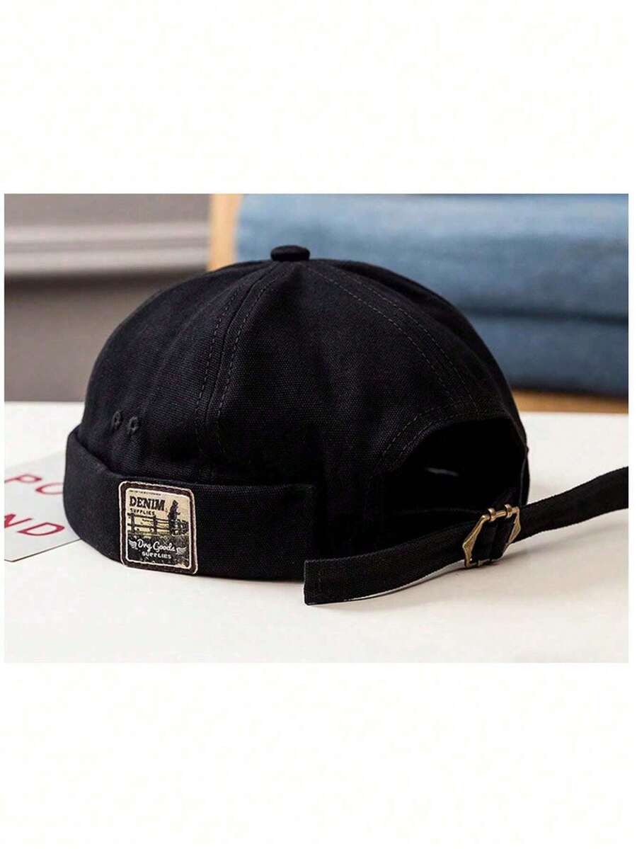 1pc Unisex Vintage Round Top Flat Cap, No Brim, With Pattern, Street Style, Suitable For Outdoor Activities, Unique Design - Black - View 1