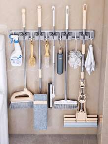 1pc 4-Clip 5-Hook Aluminum Wall-Mounted Bathroom Mop Holder, Broom Rack, Storage Rack, No-Drill Mop Holder, Suitable For Bathroom And Balcony - Multicolor - View 12
