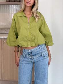 Women's Petal Sleeve Zipper Lapel Casual Streetwear Autumn/Winter Jacket - Lime Green - View 4