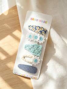 5pcs Handmade Daisy Hair Clips Set, Vintage Lace Embroidered Flower Hair Clips, Polka Dot And Plaid Print Fabric Hair Clips, Suitable For Children - Multicolor - View 13