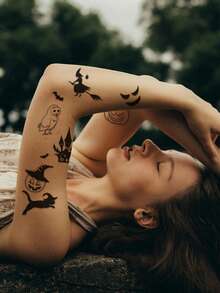 1 Sheet Cute Mixed Halloween Element Temporary Tattoo Sticker, Waterproof Long Lasting Fake Tattoo Lasts 2-3 Days, Body Art Decal For Arm Wrist Finger Neck Collarbone - Black - View 3
