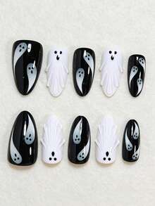 Show Your Beauty 10pcs Almond Shaped Halloween Y2K Design 3D Gel Elegant Cool Black & White Contrast Horror Ghost Gradient Line French Glossy Shiny Bright White Fake Nails Fashion Versatile Wearable Nails Suitable For Dating Party Spring Summer Women & Girls Autumn Winter Daily Wear Removable Press-On Nail Set With Jelly Glue & Nail File Easy To Apply & Durable Jelly Glue Randomly Sent - Black and White - View 3
