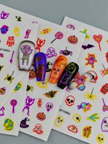 4 Folhas de Adesivos de Unhas com Tema de Halloween Brilha no Escuro, Decalques de Arte de Unhas Gótica Bruxa Fantasma para Manicure DIY, Festa Noturna e Fantasia de Halloween - Multicolorido - Visão 8
