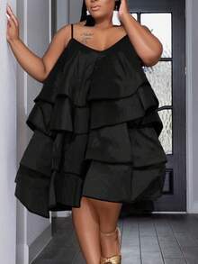 2026 Plus Size Women's Solid Color Multi-Tier Sleeveless Spaghetti Strap Puffy Satin Mini Dress, Women's Plus Size Formal Dress, Holiday Vibe Outfit, Spring/Summer New Arrival, Elegant Style Black - Black - View 1