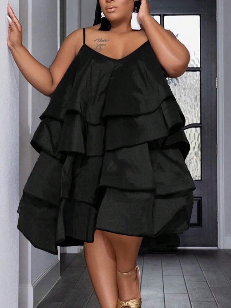 2026 Plus Size Women's Solid Color Multi-Tier Sleeveless Spaghetti Strap Puffy Satin Mini Dress, Women's Plus Size Formal Dress, Holiday Vibe Outfit, Spring/Summer New Arrival, Elegant Style Black - Black - View 1