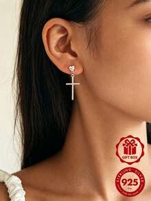 S925 Silver Heart Cross Dangle Earrings Minimalist Women Wedding Jewelry With Gift Box YWB-A2079 - Silver - View 1