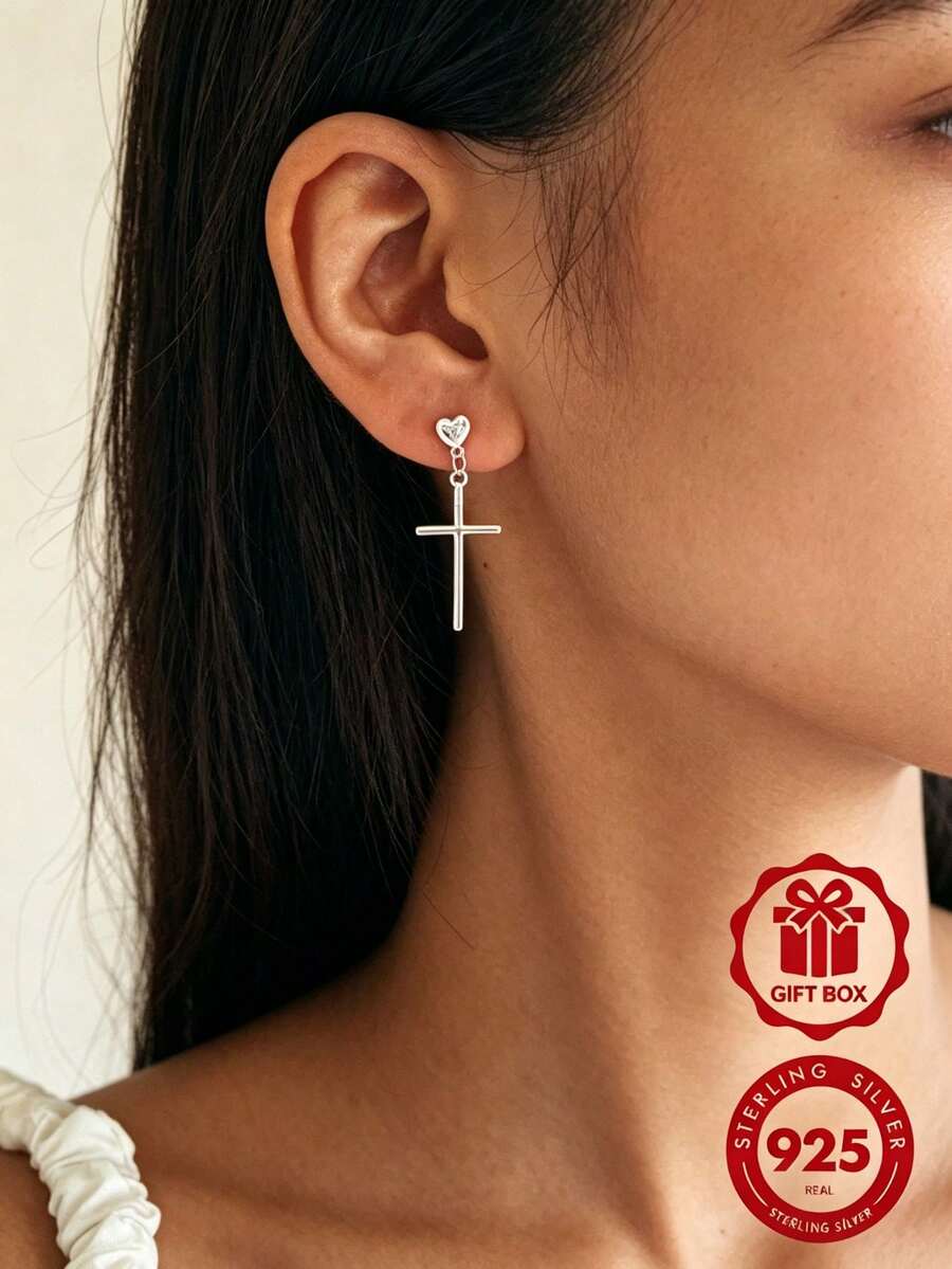 S925 Silver Heart Cross Dangle Earrings Minimalist Women Wedding Jewelry With Gift Box YWB-A2079 - Silver - View 1