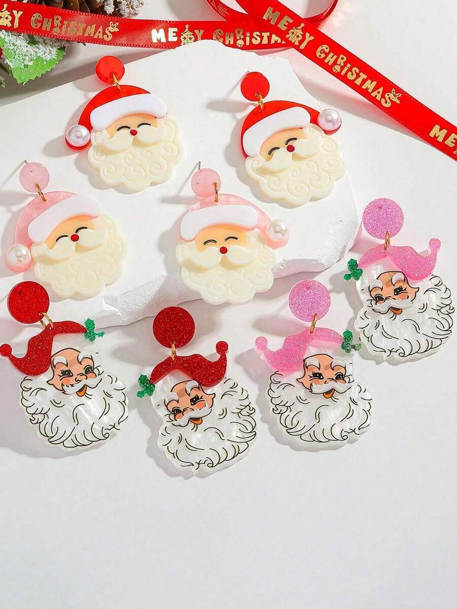 2pcs Christmas Earrings Santa Claus Acrylic Earrings Cute Jewelry Cartoon Santa Claus Fashion Pendant Earrings Holiday Celebration Accessories Perfect Christmas Gift For Family And Friends - Multicolor - View 1