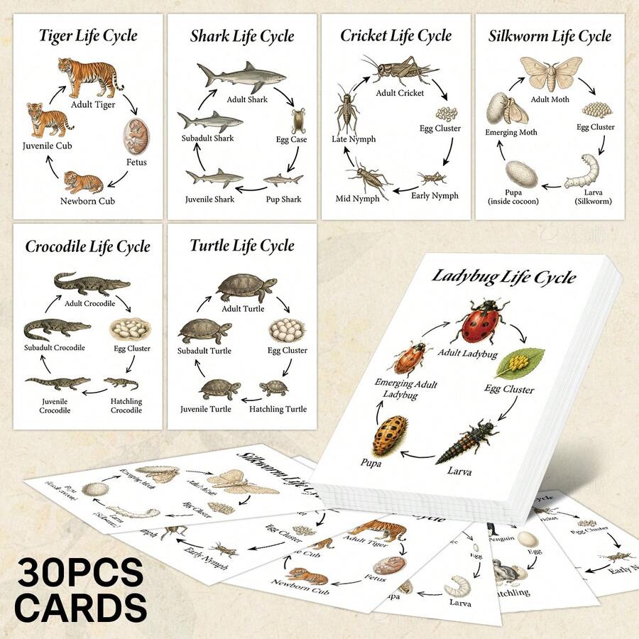 30 Animal Life Cycle Cards, Illustrated Animal Species Growth Cycle Flashcards, Insect Mammal Bird Reptile Fish Growth And Development Learning Cards - A - View 1