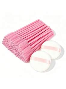 50pcs Pink Mascara Brushes + 2pcs Round Powder Puffs, Powder Puff Makeup Sponge, Velvet Face Powder Puff, Round Fluffy Powder Puff, Pink Eyebrow Brush (Suitable For False Eyelashes), Suitable For Loose Powder And Liquid Foundation, Nude Color, Makeup Brush Set - Multicolor - View 1