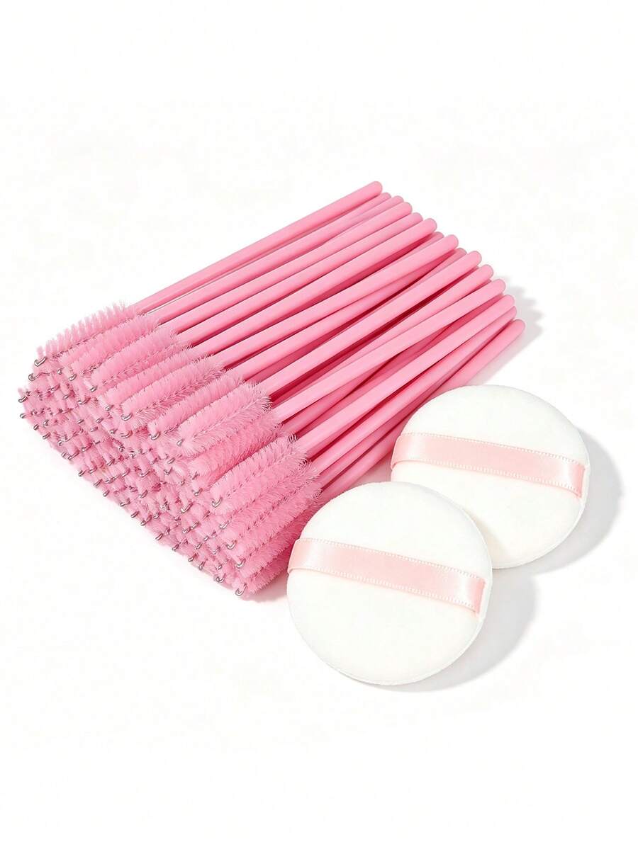 50pcs Pink Mascara Brushes + 2pcs Round Powder Puffs, Powder Puff Makeup Sponge, Velvet Face Powder Puff, Round Fluffy Powder Puff, Pink Eyebrow Brush (Suitable For False Eyelashes), Suitable For Loose Powder And Liquid Foundation, Nude Color, Makeup Brush Set - Multicolor - View 1