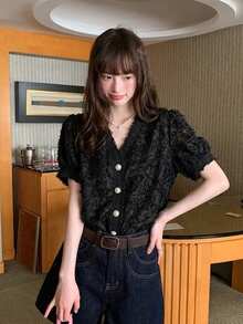 夏季V領單排扣短袖蕾絲女款休閒襯衫上衣 黑色 - 黑色 - 查看 8