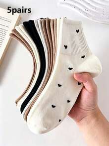 1/5 Pairs Women's Heart Pattern Solid Color Low-Cut Socks, Breathable Casual Short Socks, Suitable For Daily Wear, All Seasons - Multicolor - View 6