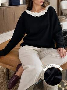 Women's Black Fleece Lined Sweatshirt, Ruffle Collar, Pleated Details, Long Sleeve, Perfect For Autumn - Black - View 2
