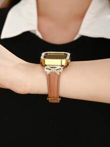1pc Luxury Rose Gold Diamond Bow Watch Band + Double Row Rhinestone Hollow Watch Case Compatible With Apple Watch 38/40/41/42/44/45/46/49mm/Ultra/SE/11-1 Series, Suitable For Spring/Summer Wear, Back To School Gift, Fashion Women Accessory, Brown Band + Gold Case, Smart Watch Band Accessory Set - Brown - View 8