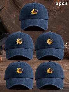 1pc Unisex Outdoor Casual Sunflower Print Adjustable Baseball Cap - Navy Blue - View 6