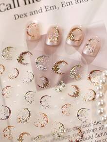 1pc 5D Moon Flower Nail Stickers, Mini Gold Crescent Daisy Star Glitter Nail Art Stickers For Nail Tips,Simple Manicure Tips For Summer, Ideal For Halloween Fairy Witch Party, Date & Daily Outfit, Premium Nail Supplies For Ladies - Multicolor - View 3