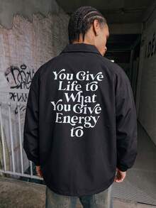 MAISONFOX Jaket Coach Pria Hitam dengan Resleting, Slogan di Depan & Grafis Besar di Belakang, Mantel Bomber Lengan Raglan Ringan, Pakaian Luar Streetwear - Hitam - View 5