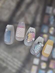 1 Sheet Of 3D Iridescent Rainbow Shell Pearlescent Macaron Gradient Snake Mermaid Scale Self-Adhesive Y2K Dopamine Nail Stickers For Summer Beach And Daily Use, DIY Nail Decorations For Women And Girls - Multicolor - View 4