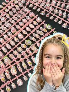 Kids Short Square Press On Nails, Summer Transparent Pink Fake Nail Tips With Cartoon Cat, Lemon Slice, Bow, Star & Fruit Print, DIY Manicure Kit For Little Girls, Party Holiday Daily Play Dress Up Nail Art Gift - Multicolor - View 2