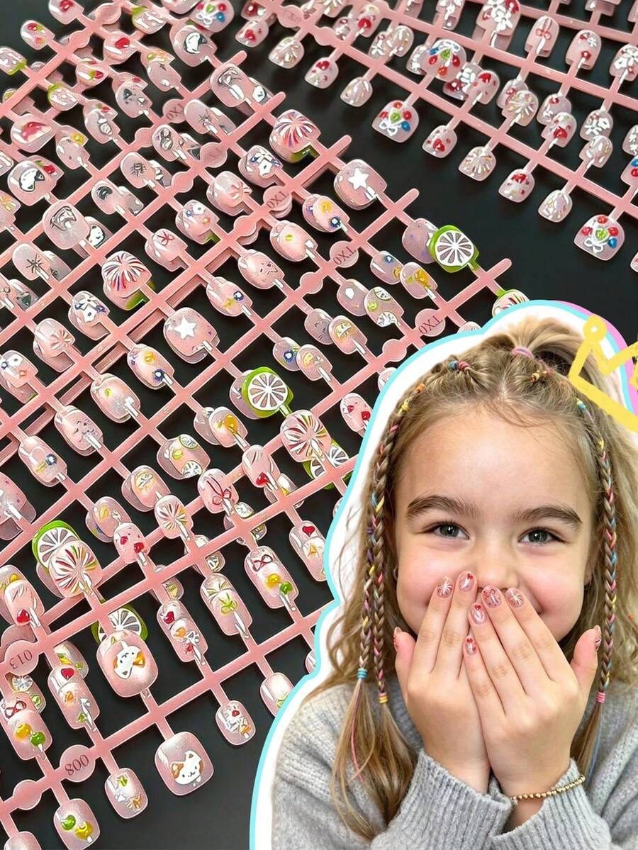 Kids Short Square Press On Nails, Summer Transparent Pink Fake Nail Tips With Cartoon Cat, Lemon Slice, Bow, Star & Fruit Print, DIY Manicure Kit For Little Girls, Party Holiday Daily Play Dress Up Nail Art Gift