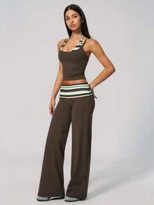MASKERT Ladies' contrasting color back vest sports pants set yoga training running set tennis golf Pilates - 棕色 - 查看 6