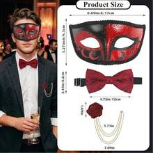 3pcs Masquerade Men's Mask & Bow Tie Set, Half Face Mask For Ballroom Party, Halloween Men's & Women's Half Face Mask - Multicolor - View 6