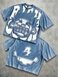 Manfinity Roghcode Men's Oversized Distressed Funny Diamond Teeth Tattoo Big Face Allover Print Cropped Loose 230g Washed T-Shirt (High Quality) - Biru Pudar - View 20