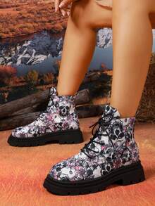 1 Pasang Sepatu Bot Bergaya Punk Y2K dengan Motif Tengkorak dan Sol Tebal, Desain Unik, Sepatu Bot Pendek Setinggi Mata Kaki, Sepatu Streetwear - Grey - View 2