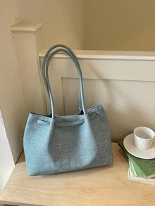 Dedoo 布製托特肩背包，純色皮革蝴蝶結裝飾長手柄優雅日常手提包，大容量，學生後背包，適合大學校園使用 - 藍色 - 查看 6