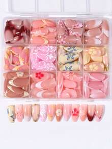 288片/盒（12盒裝）杏仁形3D凝膠花卉條紋亮片法式穿戴甲，夏季美甲，法式美甲，易佩戴易卸除，方便攜帶 - 彩色 - 查看 4
