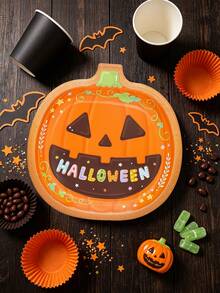 10pcs/20pcs/30pcs/50pcs/100pcs Cute Halloween Paper Plates, 9.4 Inch Pumpkin Shaped Dinner Plates, Colorful Happy Halloween Printed Paper Trays, Halloween Party Tableware, Halloween Trick Or Treat, Spooky Birthday Snack Serving Supplies - Orange Pumpkin - View 3