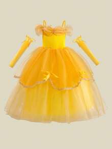 Tween Girls Yellow Spaghetti Strap Organza Elegant Evening Dress Suitable For Prom And Party, Headband Not Included - Yellow - View 4