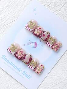 10PCS-Handmade Press On Nails, Square Shape, Fake Nails, Y2K Style, Sturdy, Reusable, Red, Paired With French Style, 3D Design, Suitable For Daily Wear, Parties, Vacations, And Also The Best Holiday Gift For Girls And Women. - Red - View 2