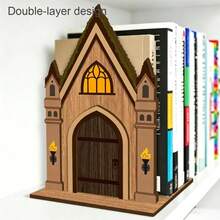 Gothic Castle Wooden Bookends, Double-Layer Vintage Wizard House Bookshelf, Decorative Bookends For Desk, Library, Home Decor - A - View 3
