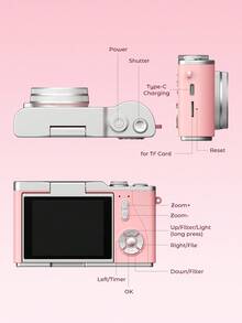 Teckwe 4K Digital Camera, CCD Camera, Vlogging Camera For Vieo, Auto Focus 48MP Face Detection, Flip Screen, 16X Digital Zoom, Point & Shoot Camera, Gift For Beginners, Travel, Family Christmas Halloween - Pink - View 7