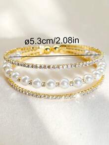 1/10pcs 3-Layer Fashion Elegant Rhinestone Inlaid Cross Shiny Bling Bling Faux Pearl Spaced Stackable Wrap Elastic Open Cuff Bracelet For Women, Party, Evening, Wedding, Gift - B3-13 - View 7