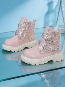 1 Pair New Pink Knight Style Boots, PU Shiny Glitter Patchwork Double Hook & Loop Closure Girls Boots, Non-Slip Wear-Resistant Thick Sole Fashionable Student Boots, Suitable For Kids Daily Wear, Versatile Princess Style, Autumn/Winter New - Pink - View 1